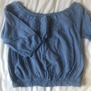 Blue off the shoulder 3/4 long sleeve shirt